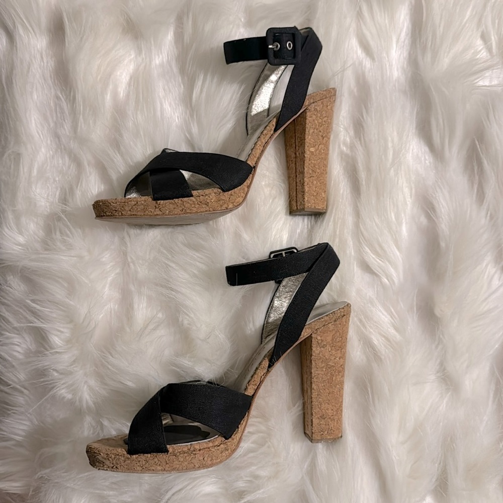 Martinez Valero black linen cork heels